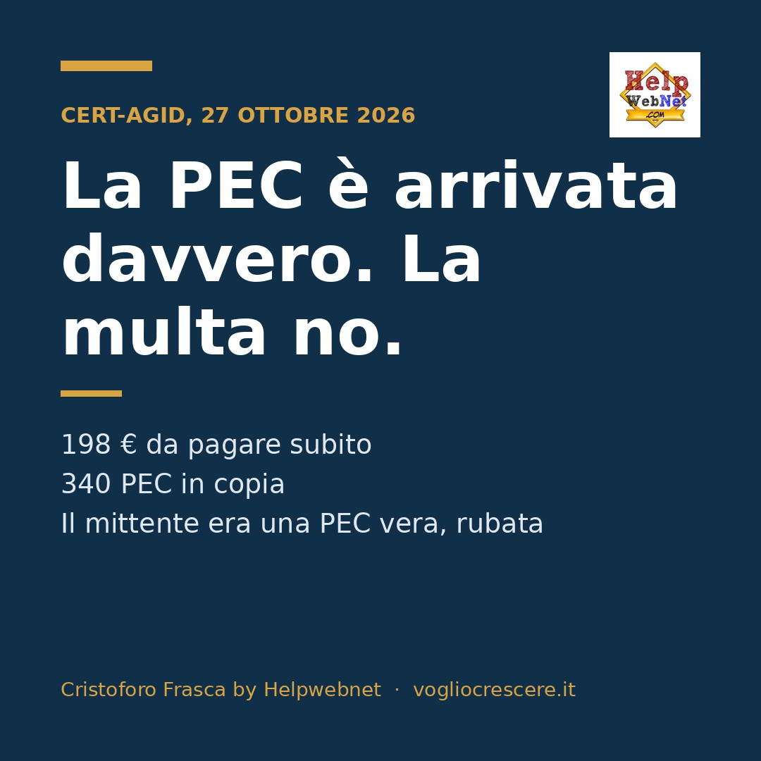 È arrivata via PEC, quindi è vera. No: 198 € a un dominio russo